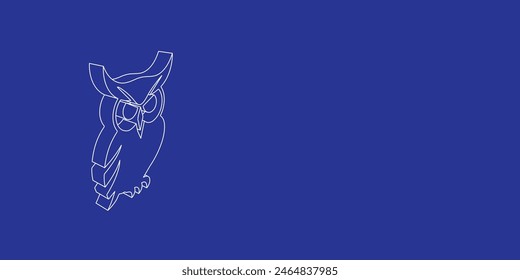 The outline of a large owl symbol made of white lines on the left. 3D view of the object in perspective. Vector illustration on indigo background