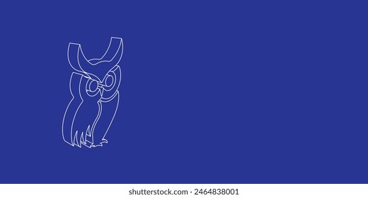 The outline of a large owl symbol made of white lines on the left. 3D view of the object in perspective. Vector illustration on indigo background