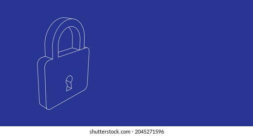 The outline of a large padlock symbol made of white lines on the left. 3D view of the object in perspective. Vector illustration on indigo background