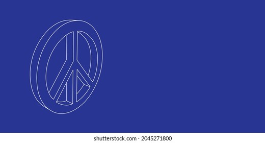 The outline of a large peace symbol made of white lines on the left. 3D view of the object in perspective. Vector illustration on indigo background