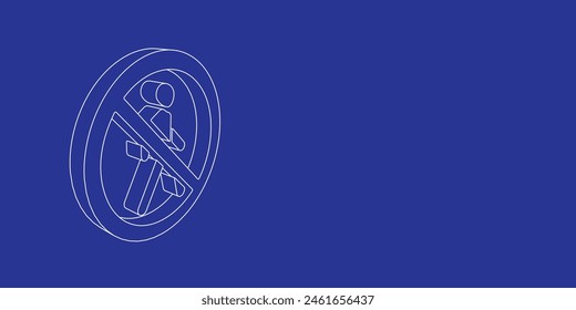 The outline of a large pedestrian traffic prohibited sign made of white lines on the left. 3D view of the object in perspective. Vector illustration on indigo background