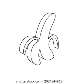 The outline of a large peeled banana symbol is made with black lines. 3D view of the object in perspective. Vector illustration on white background