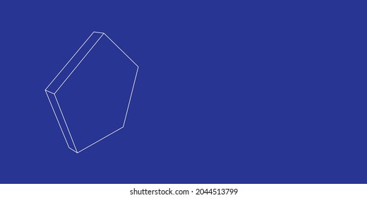 The outline of a large pentagon symbol made of white lines on the left. 3D view of the object in perspective. Vector illustration on indigo background