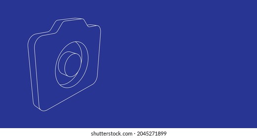 The outline of a large photo camera symbol made of white lines on the left. 3D view of the object in perspective. Vector illustration on indigo background
