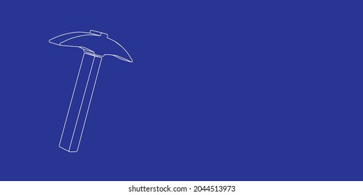 The outline of a large pickaxe symbol made of white lines on the left. 3D view of the object in perspective. Vector illustration on indigo background