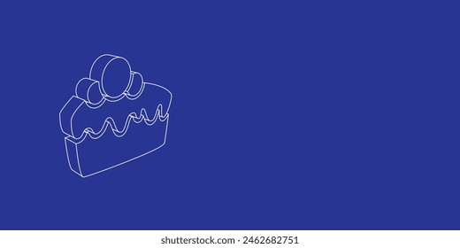 The outline of a large piece of cake symbol made of white lines on the left. 3D view of the object in perspective. Vector illustration on indigo background