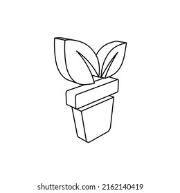 The outline of a large plant in pot symbol is made with black lines. 3D view of the object in perspective. Vector illustration on white background