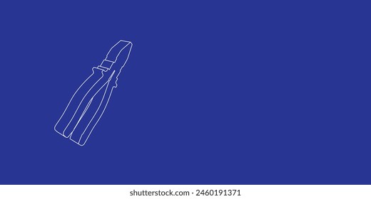 The outline of a large pliers symbol made of white lines on the left. 3D view of the object in perspective. Vector illustration on indigo background