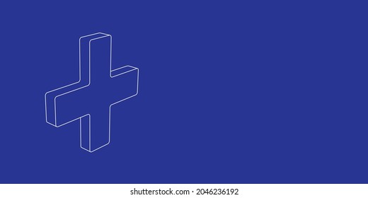 The outline of a large plus symbol made of white lines on the left. 3D view of the object in perspective. Vector illustration on indigo background
