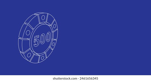 The outline of a large poker chip symbol made of white lines on the left. 3D view of the object in perspective. Vector illustration on indigo background