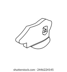 The outline of a large police cap symbol is made with black lines. 3D view of the object in perspective. Vector illustration on white background