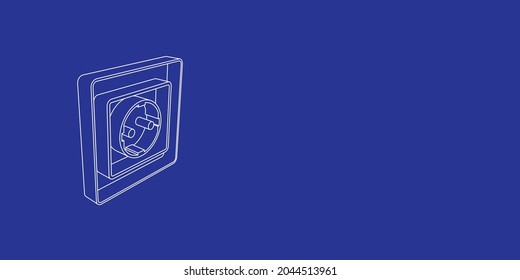 The outline of a large power socket symbol made of white lines on the left. 3D view of the object in perspective. Vector illustration on indigo background