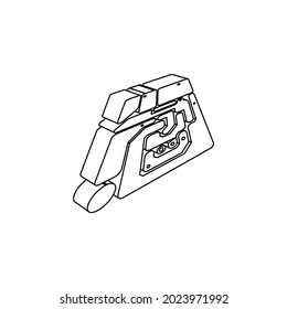The outline of a large printed circuit board is made with black lines. 3D view of the object in perspective. Vector illustration on white background