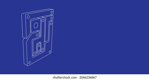 The outline of a large printed circuit board made of white lines on the left. 3D view of the object in perspective. Vector illustration on indigo background
