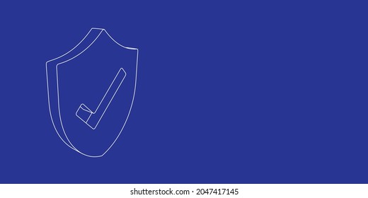 The outline of a large protection mark symbol made of white lines on the left. 3D view of the object in perspective. Vector illustration on indigo background
