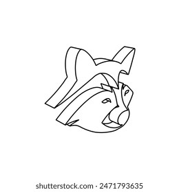 The outline of a large raccoon head symbol is made with black lines. 3D view of the object in perspective. Vector illustration on white background