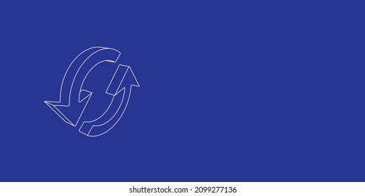 The outline of a large refresh symbol made of white lines on the left. 3D view of the object in perspective. Vector illustration on indigo background