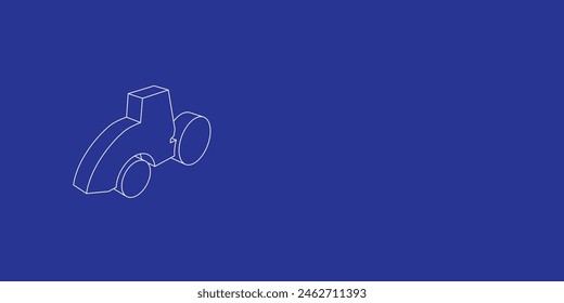 The outline of a large road roller symbol made of white lines on the left. 3D view of the object in perspective. Vector illustration on indigo background