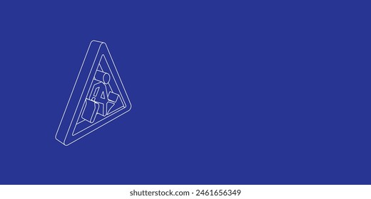The outline of a large road work sign made of white lines on the left. 3D view of the object in perspective. Vector illustration on indigo background