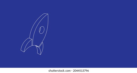 El contorno de un gran símbolo de cohete hecho de líneas blancas a la izquierda. Vista 3D del objeto en perspectiva. Ilustración vectorial en el fondo índigo