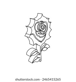 El contorno de una Grande flor de rosa está hecho con líneas negras. Vista 3D del objeto en perspectiva. Ilustración vectorial sobre fondo blanco