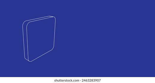 Contorno de un Grande cuadrado redondeado de líneas blancas a la izquierda. Vista 3D del objeto en perspectiva. Ilustración vectorial sobre fondo índigo