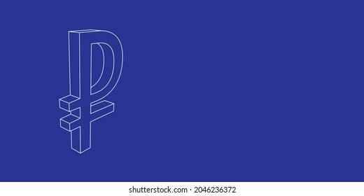 The outline of a large ruble symbol made of white lines on the left. 3D view of the object in perspective. Vector illustration on indigo background