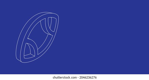 The outline of a large rugby symbol made of white lines on the left. 3D view of the object in perspective. Vector illustration on indigo background