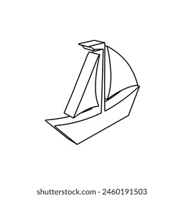 The outline of a large sailing boat symbol is made with black lines. 3D view of the object in perspective. Vector illustration on white background