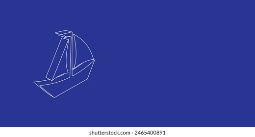 The outline of a large sailing boat symbol made of white lines on the left. 3D view of the object in perspective. Vector illustration on indigo background