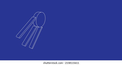 The outline of a large satellite symbol made of white lines on the left. 3D view of the object in perspective. Vector illustration on indigo background
