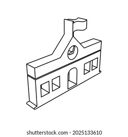 The outline of a large school building symbol is made with black lines. 3D view of the object in perspective. Vector illustration on white background