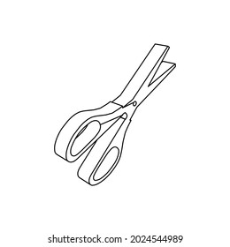 The outline of a large scissors symbol is made with black lines. 3D view of the object in perspective. Vector illustration on white background