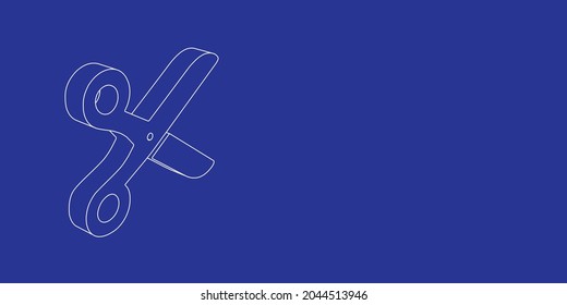 The outline of a large scissors symbol made of white lines on the left. 3D view of the object in perspective. Vector illustration on indigo background