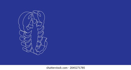 The outline of a large scorpio symbol made of white lines on the left. 3D view of the object in perspective. Vector illustration on indigo background