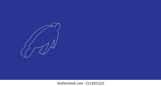 The outline of a large sea turtle symbol made of white lines on the left. 3D view of the object in perspective. Vector illustration on indigo background