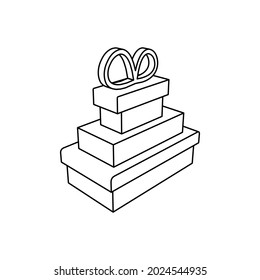 The outline of a large set of gifts is made with black lines. 3D view of the object in perspective. Vector illustration on white background