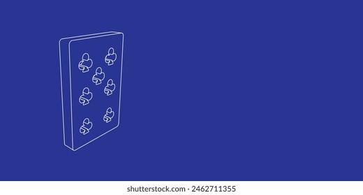 The outline of a large seven of clubs playing card made of white lines on the left. 3D view of the object in perspective. Vector illustration on indigo background