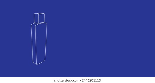 Der Umriss eines großen Shampoo-Symbols aus weißen Linien auf der linken Seite. 3D-Ansicht des Objekts in Perspektive. Vektorillustration auf Indigo-Hintergrund