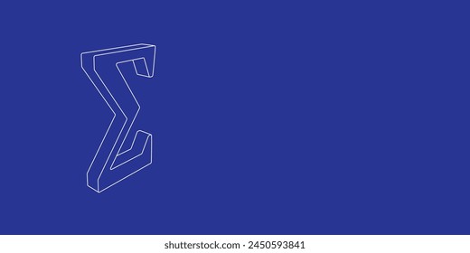 The outline of a large sigma symbol made of white lines on the left. 3D view of the object in perspective. Vector illustration on indigo background