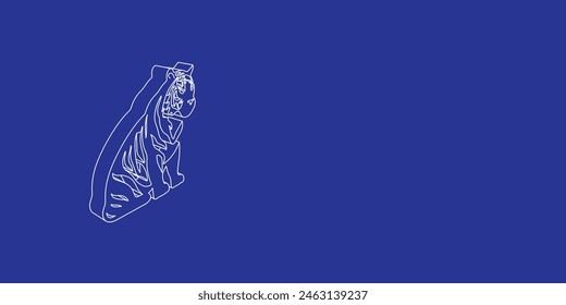 The outline of a large sitting tiger symbol made of white lines on the left. 3D view of the object in perspective. Vector illustration on indigo background