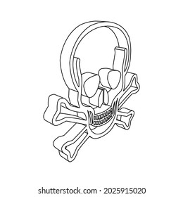 The outline of a large skull is made with black lines. 3D view of the object in perspective. Vector illustration on white background