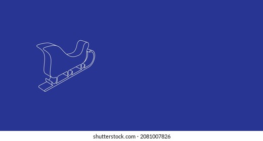 The outline of a large sleigh symbol made of white lines on the left. 3D view of the object in perspective. Vector illustration on indigo background