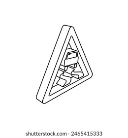 The outline of a large slippery road sign is made with black lines. 3D view of the object in perspective. Vector illustration on white background