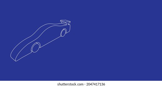 The outline of a large sport car symbol made of white lines on the left. 3D view of the object in perspective. Vector illustration on indigo background