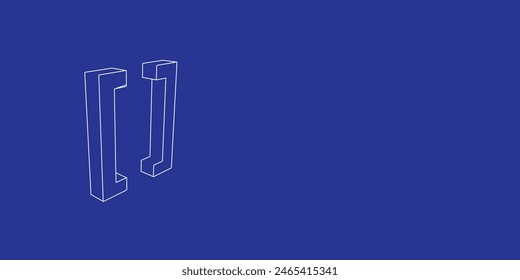 The outline of a large square brackets symbol made of white lines on the left. 3D view of the object in perspective. Vector illustration on indigo background