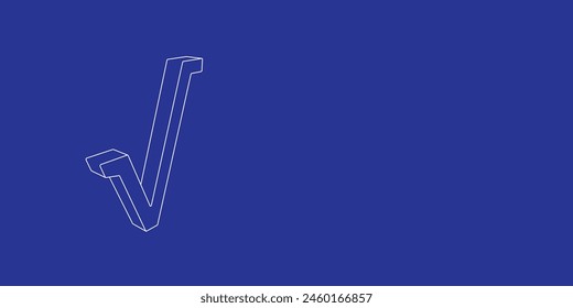 The outline of a large square root symbol made of white lines on the left. 3D view of the object in perspective. Vector illustration on indigo background