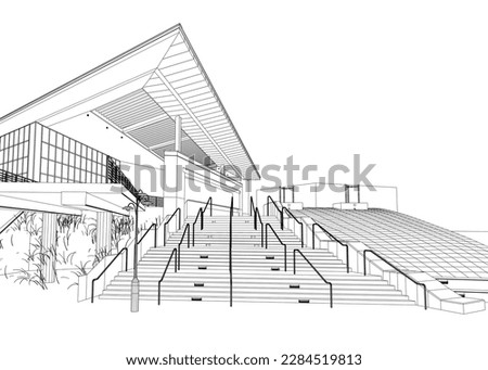 Outline of a large staircase and a building from black lines isolated on a white background. 3D. Vector illustration.