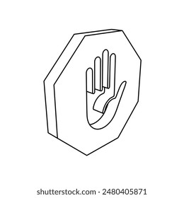 The outline of a large stop hand symbol is made with black lines. 3D view of the object in perspective. Vector illustration on white background