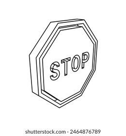 The outline of a large stop road sign is made with black lines. 3D view of the object in perspective. Vector illustration on white background